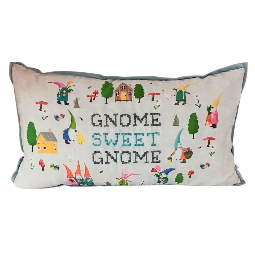 Isaac Mizrahi Gnome Sweet Gnome Feather Pillow Spring Easter Flowers Mushrooms